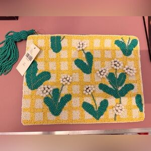 Anthropologie Beaded Clutch with Yellow and Green Floral Design